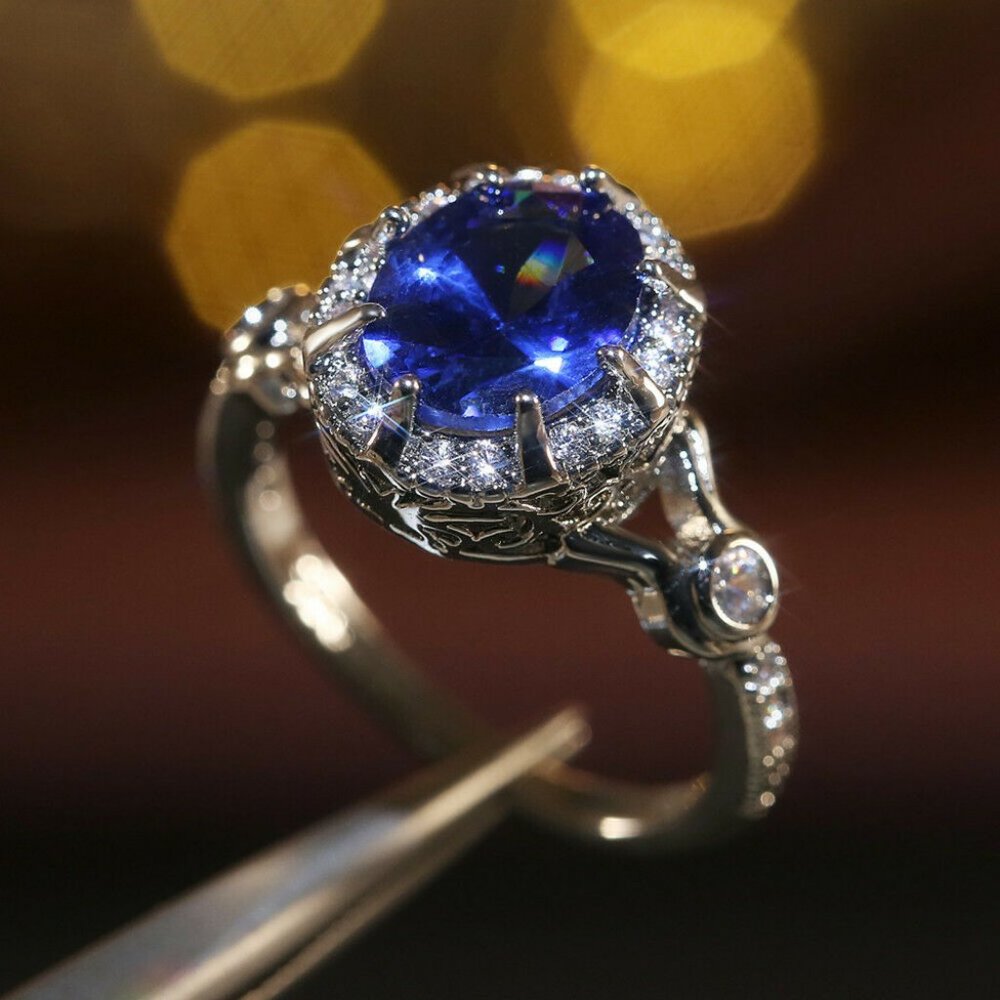 *NEW 925 Silver Blue Sapphire Ring
